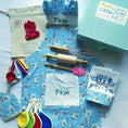 Load image into Gallery viewer, a personalised baking kit for kids including personalised apron, chef hat and matching glove with personalised spatula rolling pin and whisk