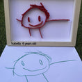Load image into Gallery viewer, Framed red stick figure drawing with a child's blue stick figure drawing below on grass.
