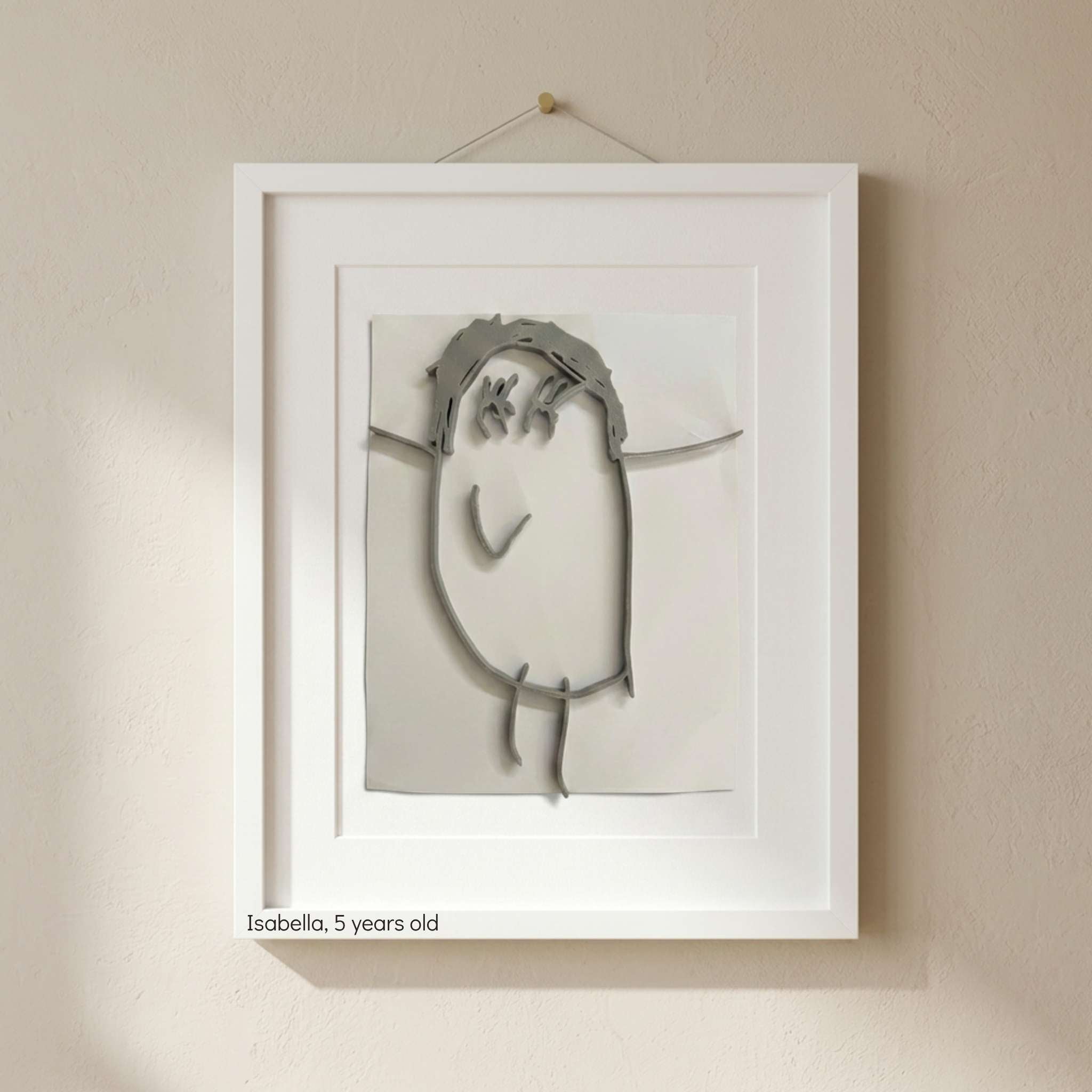 Framed artwork of a stylized bird on a beige wall