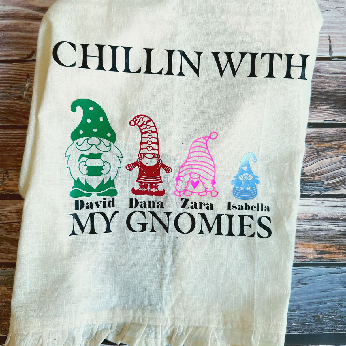 Family gnomes personalised tea towel
