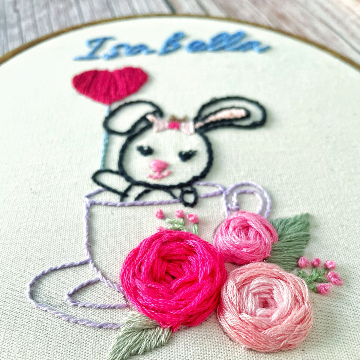 Cute bunny hand embroidery with name