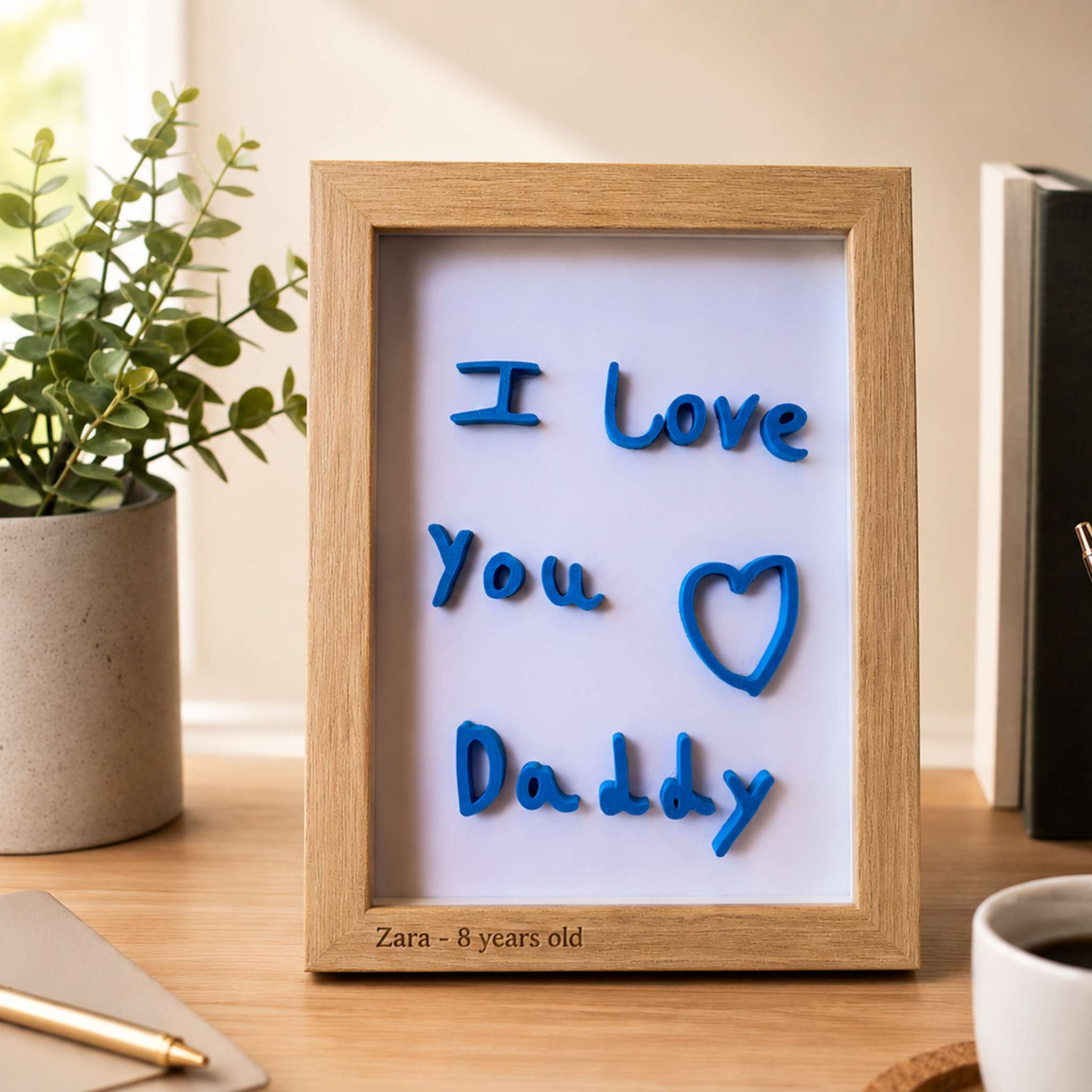 Framed message 'I Love You Daddy' with blue letters on a wooden desk.