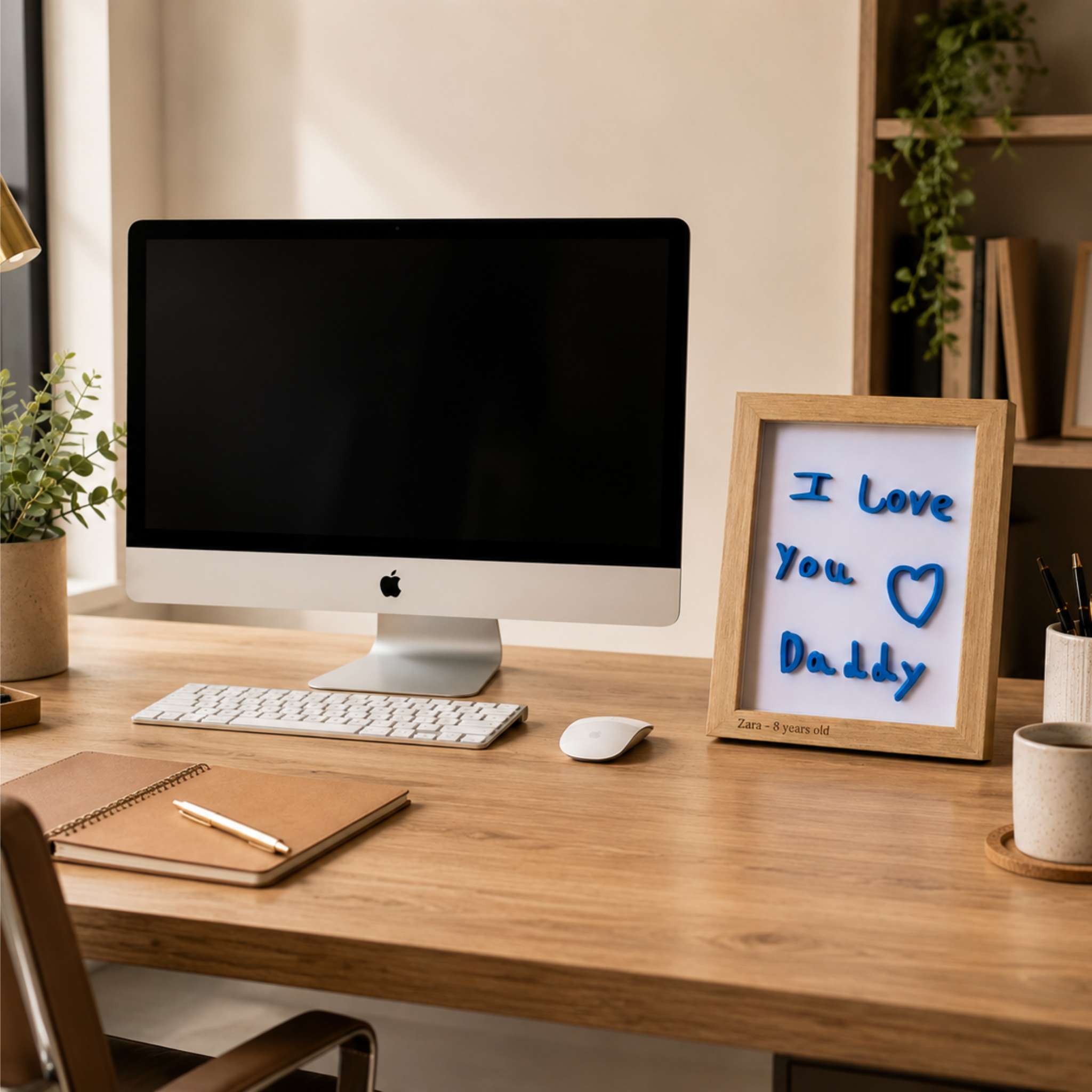 Home office desk setup with computer, keyboard, mouse, and decorative sign on a wooden desk. 3d printed frame I love my daddy