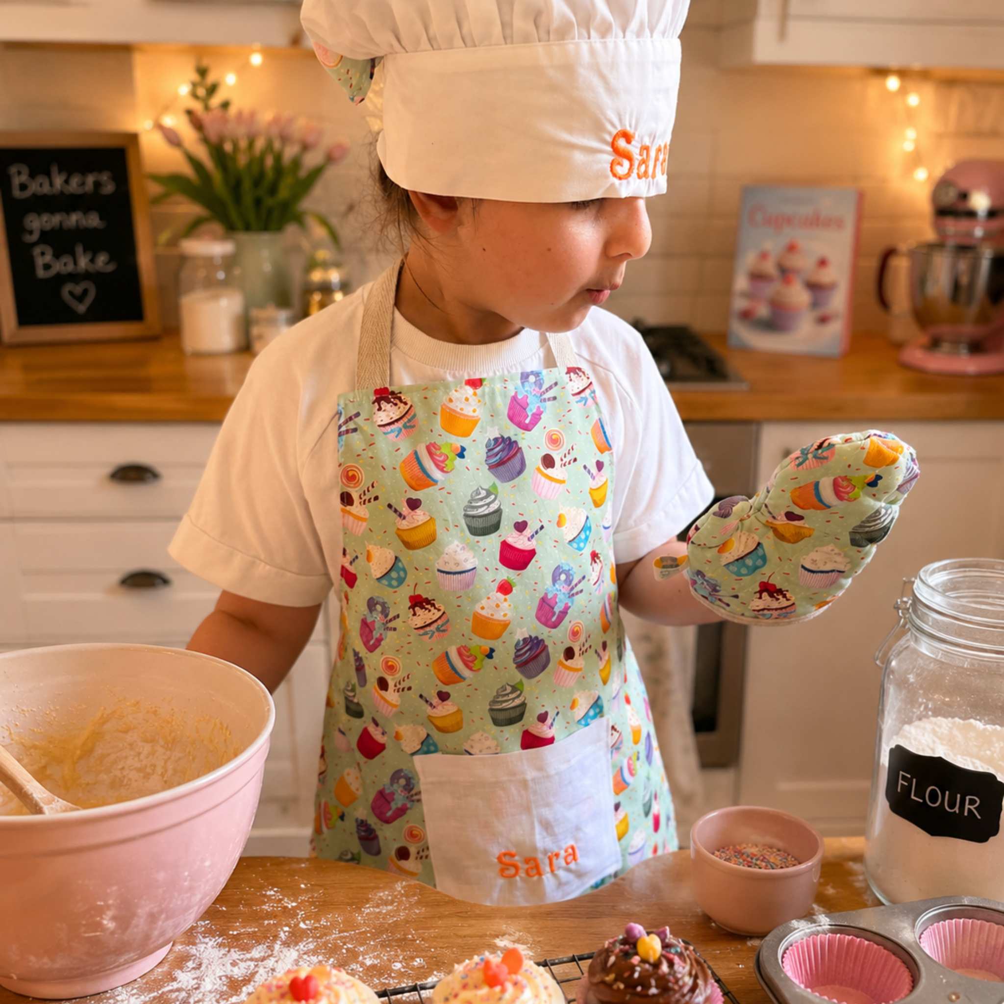 Child in a kitchen wearing a colorful apron and chef's hat, preparing food.