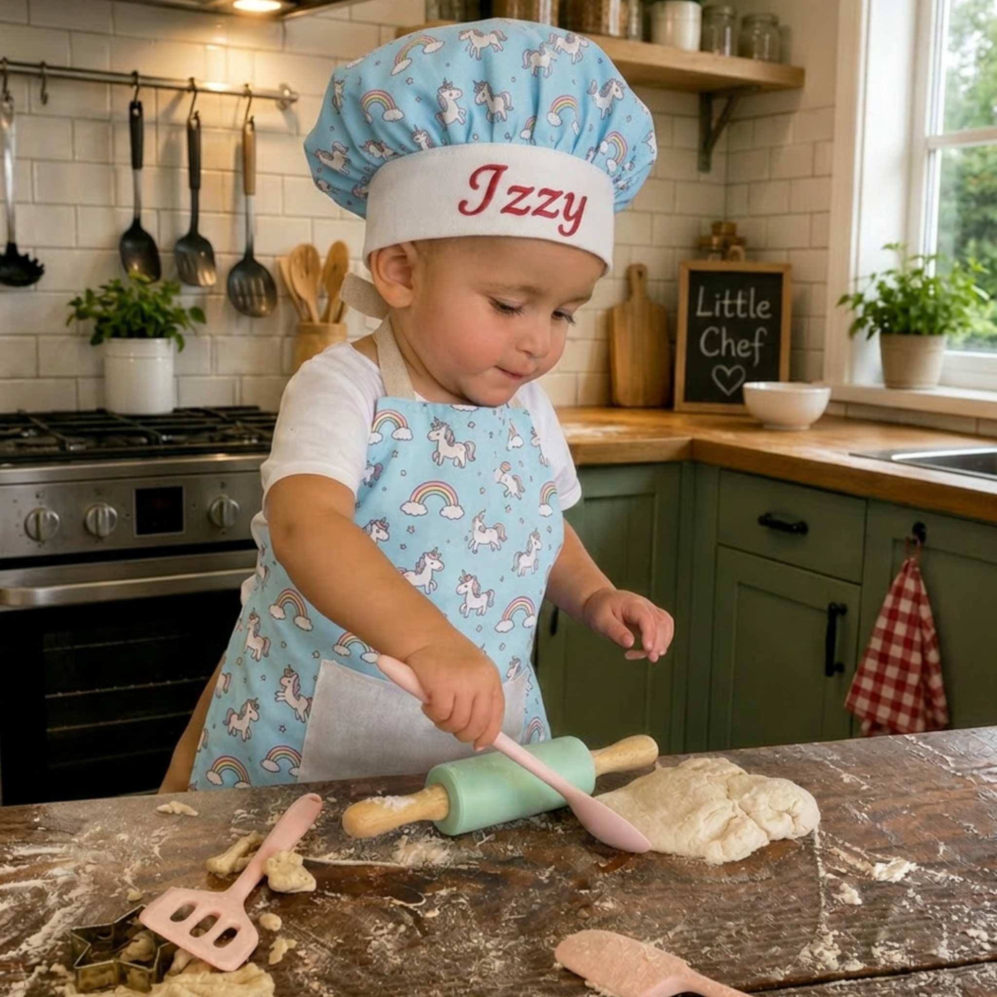 Child in a kitchen wearing a personalised chef's hat and apron, rolling dough.