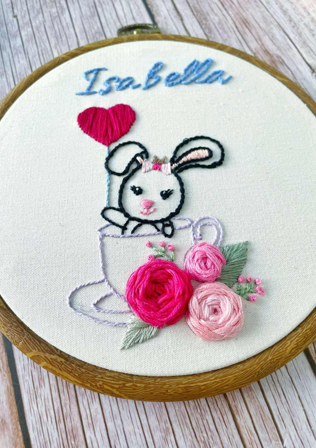 Embroidery hoop with a bunny in a teacup and flowers, personalized with 'Isabella'.