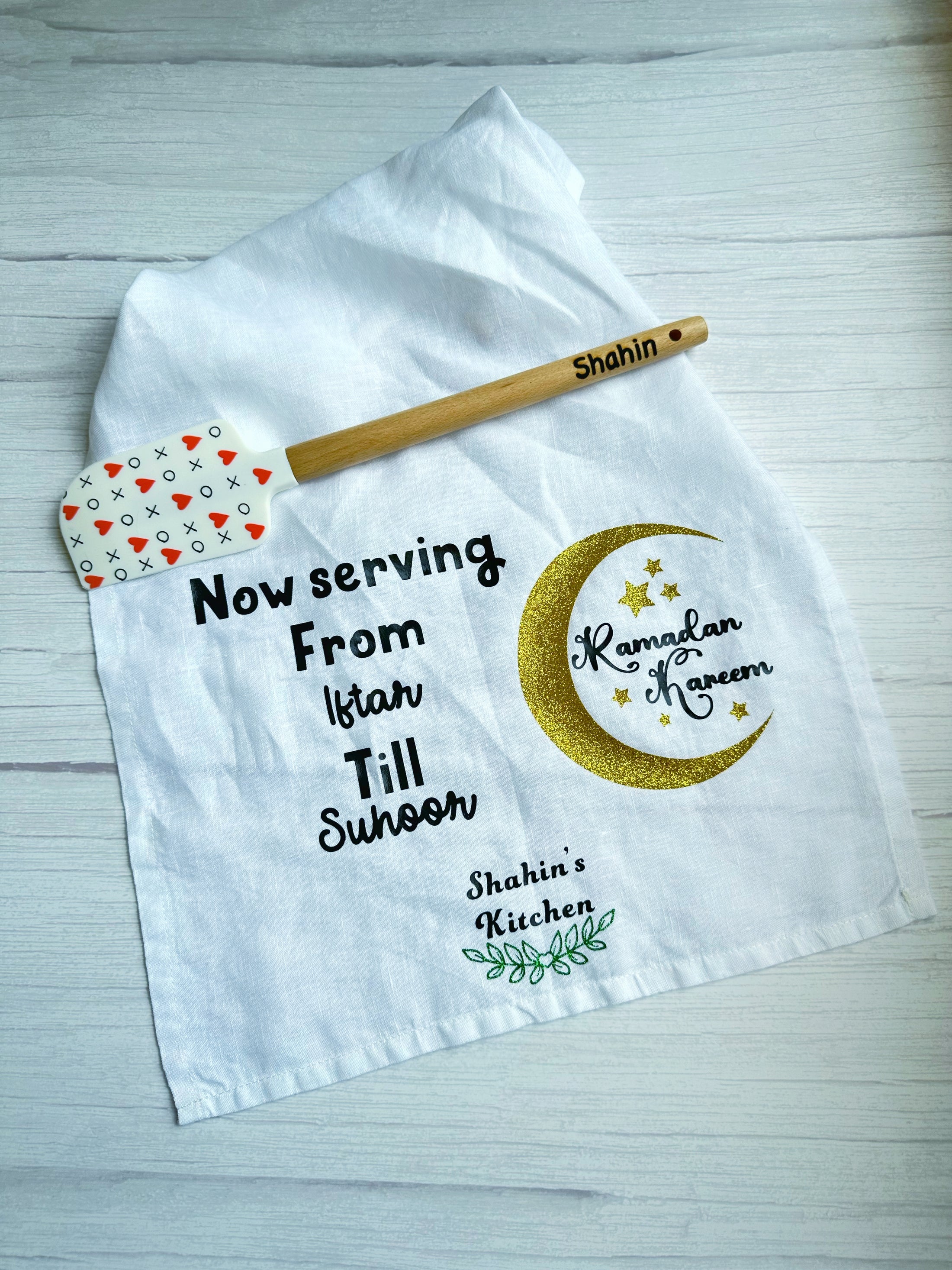 Personalised tea towel and spatula